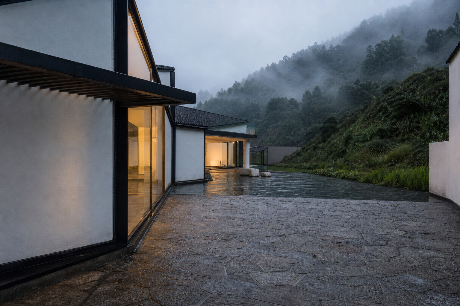 雨雾中的建筑空间氛围